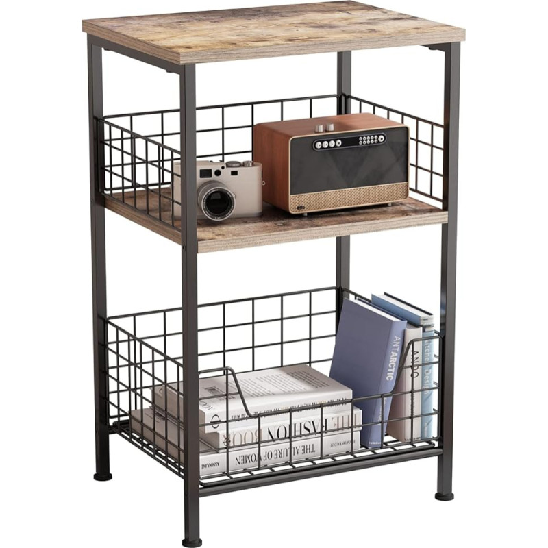 Side Table, Industrial Retro Side Table, Bedside Table, Storage Shelf for Living Room, Bedroom, Kitchen, Family and Office, Sturdy Wood and Metal Frame (Rustic Brown & Black)