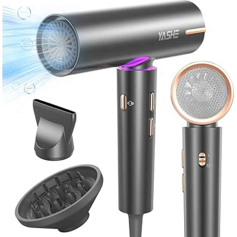 YASHE Ion föön, 110,000 RPM harjadeta mootor, 1800 W föön koos hajuti ja kontsentraatoriga, 3 kiirust, 4 soojuse seadistust, külm nupp, 23 m/s kiire kuivatamine salongile, koju