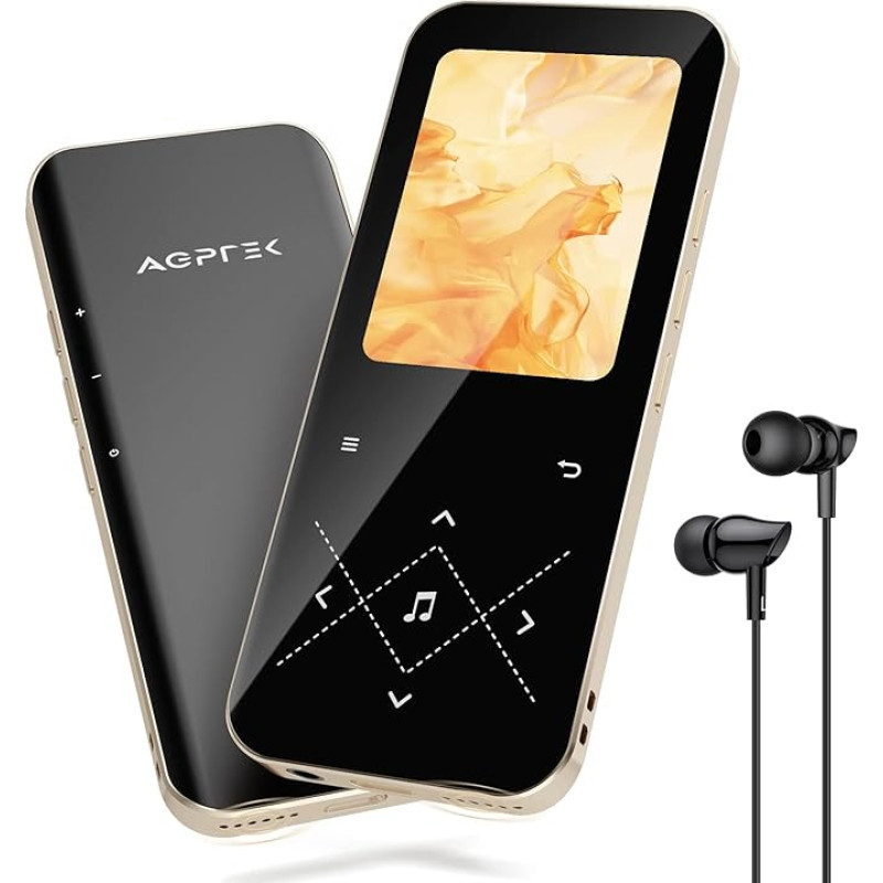 AGPTEK MP3 mängija Bluetooth 5.3, 32 GB HiFi Sound Music Player koos 2,4-tollise TFT värvilise ekraaniga, kõrvaklapid, kõlarid, puutenupud, FM-raadio, e-raamat, salvestamine, toetab TF-128GB, must kuldne