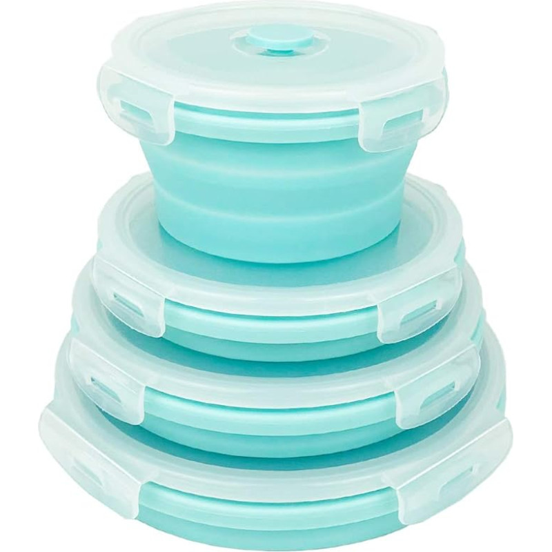 Ewrap Collapsible Food Storage Containers, Silicone Bowls with Plastic Lids - Round Set of 4 - Microwave & Freezer Safe, for Kitchen and Camping