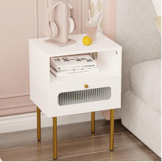 JERX Bedside Table with Prism Glass Front, Modern Design for Bedroom, Guest Room, Golden Metal Feet (White, 1 Drawer)