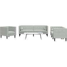 Willood 3-Piece Chesterfield Sofa Set with Bolsters Sofa Set with Cushions for Living Room Upholstered Sofa Couch Chair Light Grey Velvet