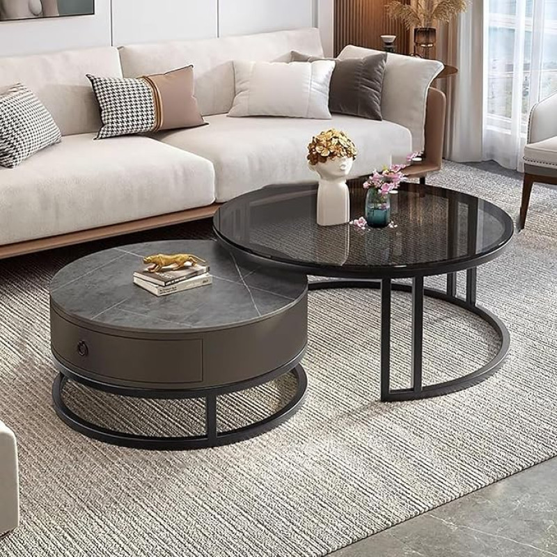 Round Coffee Table, Set of 2, Nesting Tables with Gold Metal Frame and Transparent Glass Top, Modern Living Room, Bedroom, Office Furniture (70 x 45)+(50 x 40) cm