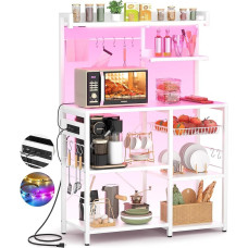 Aheaplus Baker's Rack with Socket and LED Fairy Lights, Microwave Oven Stand, Kitchen Rack with Wire Basket, Coffee Bar Station, Island Table with 10 Hooks for Spices, Pots, Pans, White