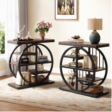 Tribesigns 5-Tier Side Table, Narrow Wood, 60 x 30 cm, Coffee Table, Sofa Table with Metal Frame, Industrial Side Table for Living Room, High Narrow Bedside Table for Bedroom (Set of 2)