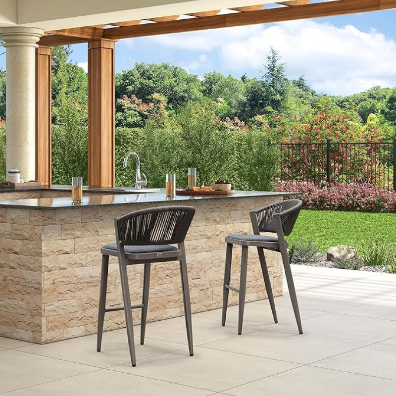 PURPLE LEAF High Bar Stools Set of 2, Garden Chairs with Aluminium Frame, Rattan Designer Bar Stool, with Footrest and Backrest, Padded Seats, for Bar, Cafés, Stone Grey