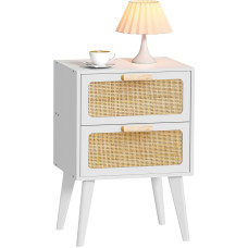 YAUKOMEL DECTG59W Rattan Bedside Table, Wooden Side Table with 2 Hands, Made Rattan, Decorated Drawers, Boho Bedside Table, Couch with Storage, for Living Room, Bedroom, White