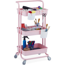 Relaxdays Trolley 3 Levels Multi-Purpose Trolley Hobby Office Bathroom Kitchen Trolley H x D 86 x 43 x 42 cm Metal & Plastic Pink