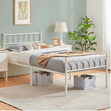 Yaheetech Metal Bed 90 x 200 cm Bed Frame with Headboard, Metal Bed Frame, Guest Bed with Slatted Frame for Bedroom, Guest Room, White