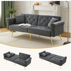 ALAMHI Modern 2-Seater Sofa, Velvet Sofa Bed, Couch, Folding Sofa with Adjustable Backrest, Deluxe Sofa with Sleep Function - Upholstered Sofa for Living Room, Home, Office (Antique Grey)