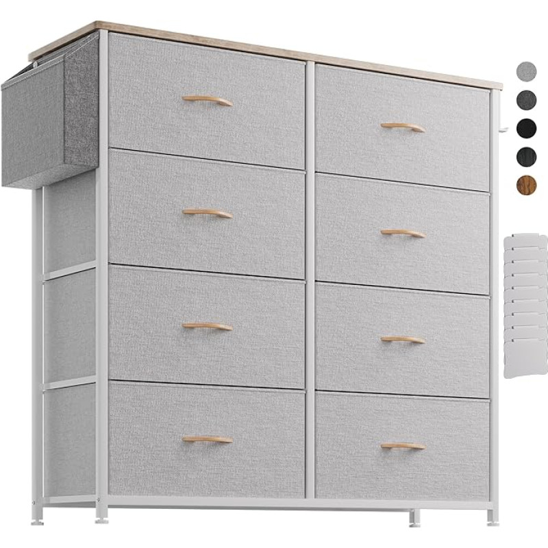 PURFINO Chest of Drawers with Fabric Drawers - Canvas Fabric Chest of Drawers with 8 Large Drawers, Label Cards, Side Pocket & Hooks for Living Room, Hallway, Bedroom