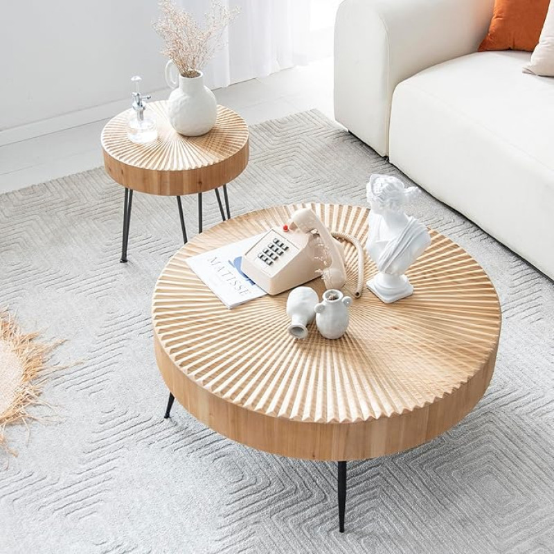 Zouron Set of 2 Coffee Tables Wooden Like Sunlight Side Table Round Living Room Table Brown 80 x 80 x 36.5 cm with 40 x 40 x 46.5 cm Pine Large Table Metal Frame (Natural Brown L & S-2 Pieces)