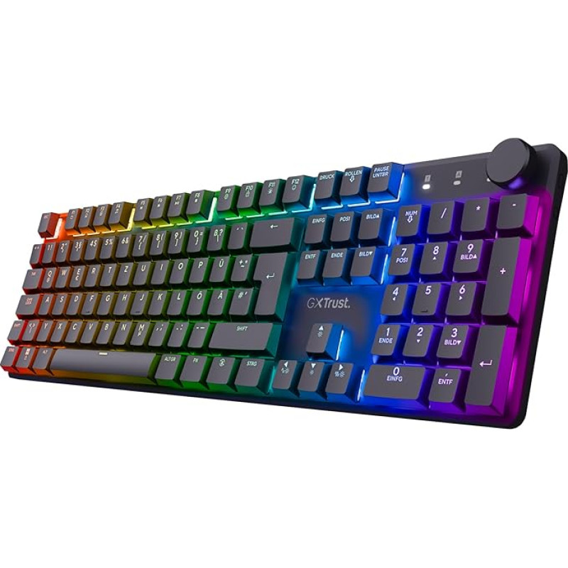 Trust GXT 868 Torix Mechanical Keyboard Wireless German QWERTZ Layout, RGB Rechargeable Gaming Keyboard 2.4 GHz 100H Battery Life, Huano Switches Flat Keys, Programmable, PC Laptop