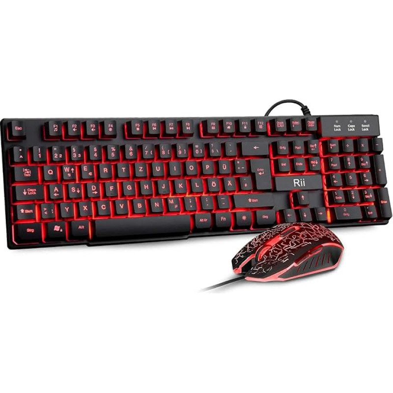 Rii Gaming Keyboard and Mouse Set, 3 LED Backlight, Ideal for Gaming and Office, Compatible with PC (German Layout, Black)