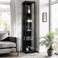 K-Möbel Standing Glass Display Cabinet (176 x 37 x 33 cm) - Made in Germany - Display Cabinet Black with 4 Height-Adjustable Glass Shelves - Glass Cabinet - Display Cabinet