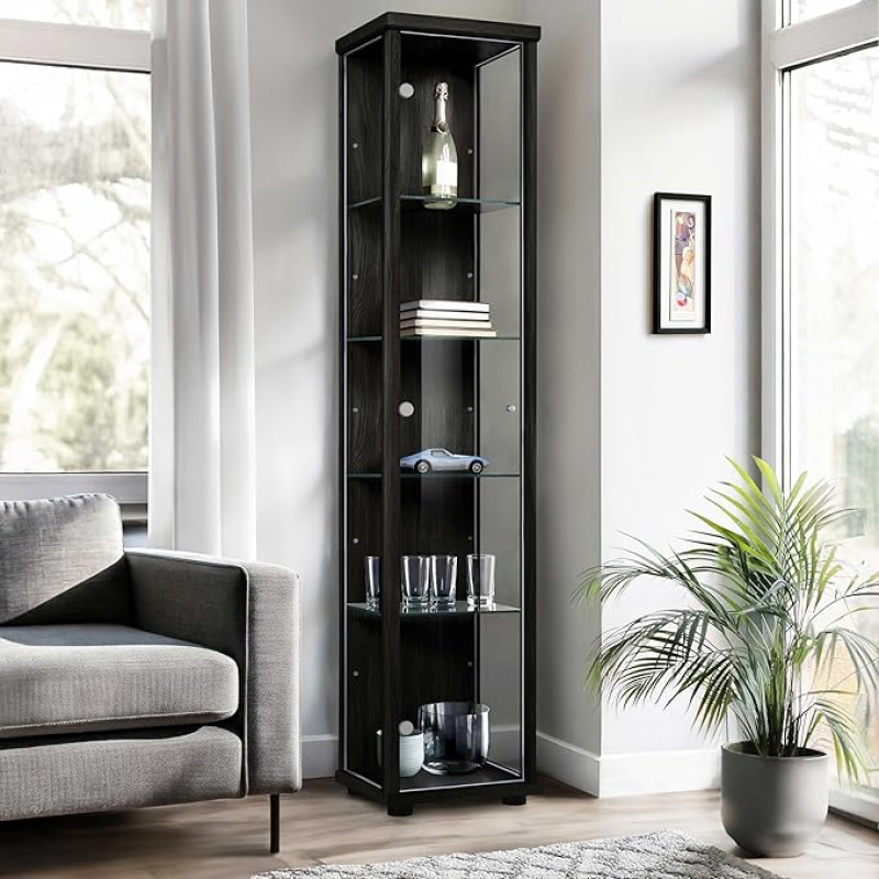 K-Möbel Standing Glass Display Cabinet (176 x 37 x 33 cm) - Made in Germany - Display Cabinet Black with 4 Height-Adjustable Glass Shelves - Glass Cabinet - Display Cabinet