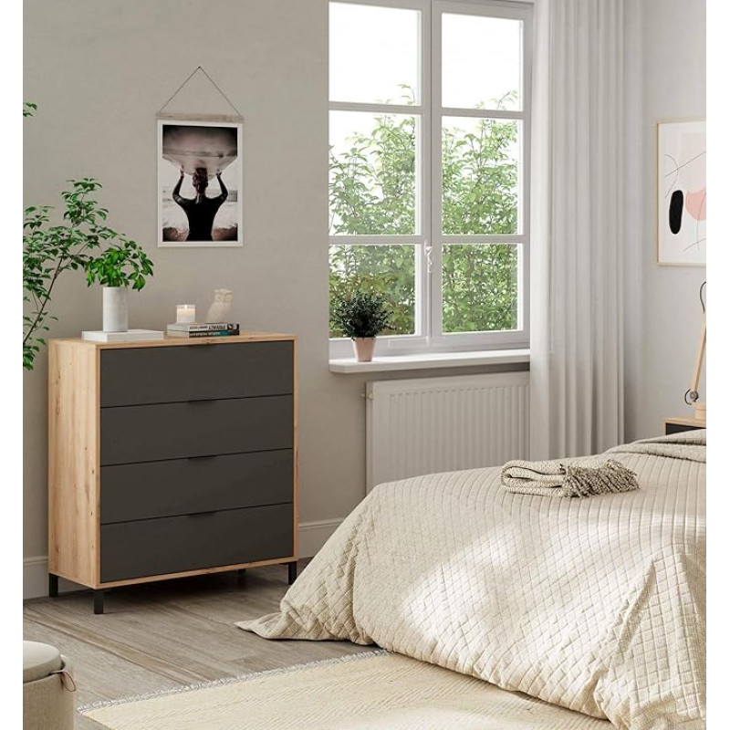 Dmora - Rochester Chest of Drawers with 4 Drawers, Chest of Drawers for Bedroom, Modern Chest of Drawers, 76 x 40 x 94 cm, Knotted Oak and Anthracite