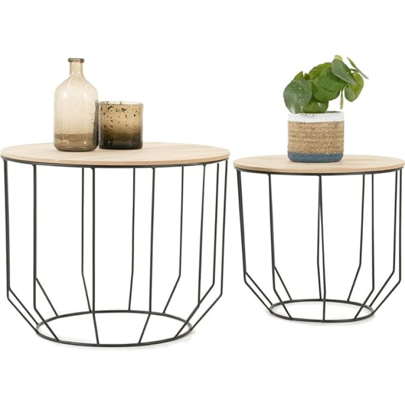 Lifa Living Modern, Round Coffee Tables, Set of 2. Side Tables with Removable Cover in Set. Industrial Wood and Metal, Load Capacity up to 20 kg