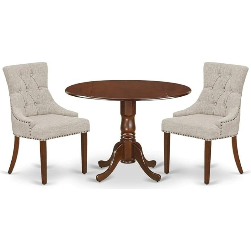 East West Furniture DLFR3-MAH-05 Wooden Dining Table Set 3 Piece with Leaves, Pedestal, Doeskin, Linen Fabric, Buttoned Kitchen Chairs - Mahogany Finish, Hardwood Table and Structure