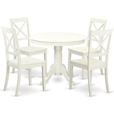 East West Möbel anbo3-lwh-w Set of 3 with a Round Table and Two Solid Wood Kitchen Chairs with a Rich Linen White Finish Traditional 5 Pieces Linen White