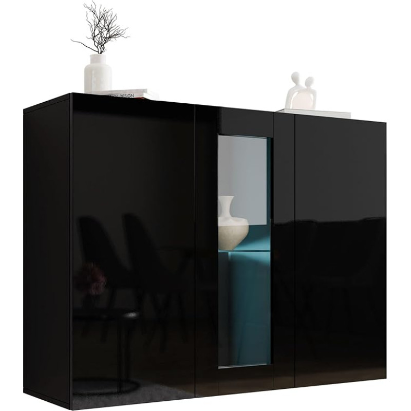 Mirjan24 Vigo Sideboard with Glass Base and 3 Doors, Highboard, Sideboard, Cabinet, Multi-Purpose Cabinet, Living Room Cabinet (Black/Black High Gloss, with White LED Lighting)
