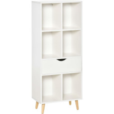 HOMCOM Bookcase Bookcase with 1 Drawer and Wooden Legs, 6 Open Storage Compartments, Plant Folder for Living Room, Bedroom, Office, 50 x 29.5 x 120 cm, White