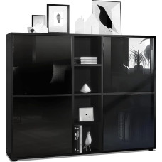 Vladon Cuba V3 Highboard, Made in Germany, Matte Black / High Gloss Black - Modern Sideboard with 12 Compartments (130.5 x 105.5 x 35.5 cm)