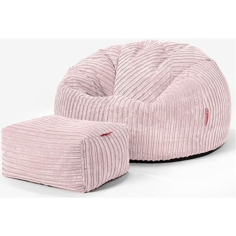 Lounge Pug, Classic Bean Bag Chair with Stool Corduroy Pink