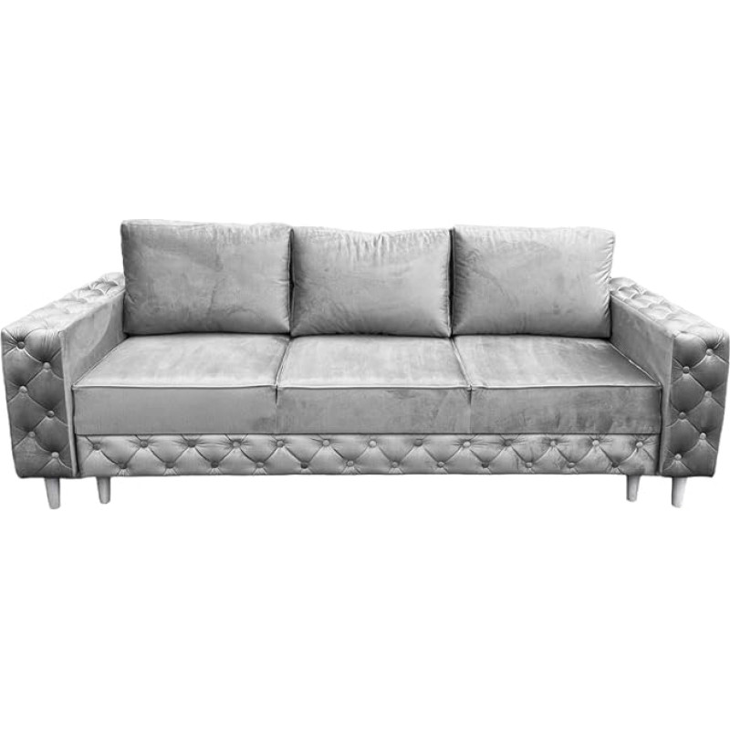 Ares Meble Komo Sofa with Sleep Function 240 x 98 cm - 3-Seater with Bed Box - Velvet Elegance Couch - Living Room Sofas - Sofa Bed - Legs White - Grey