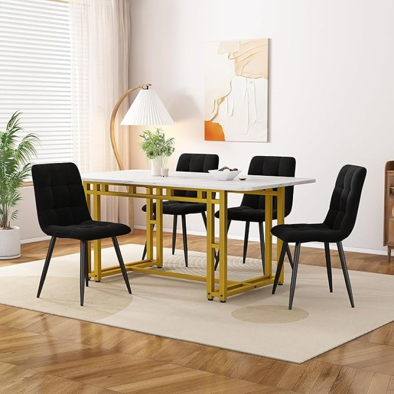 Dalred Golden Dining Table with 4 Chairs Set, Modern Kitchen Dining Table Set, Velvet Dining Room Chairs, Golden Iron Leg Table, Black, 120 x 70 cm