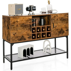 GOPLUS Sideboard Kitchen with Grid Shelves, Buffet Cabinet with 8 Bottles Wine Rack, Cupboard with Doors, Kitchen Cabinet Storage Cabinet Wood for Living Room and Dining Room