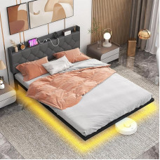 COSTWAY Bed 160 x 200 cm Floating Design with LED Lighting, Double Bed Frame with Slatted Base and Padded Headboard, Adjustable Power Strip, 2 Sockets, 2 USB Ports, App Control