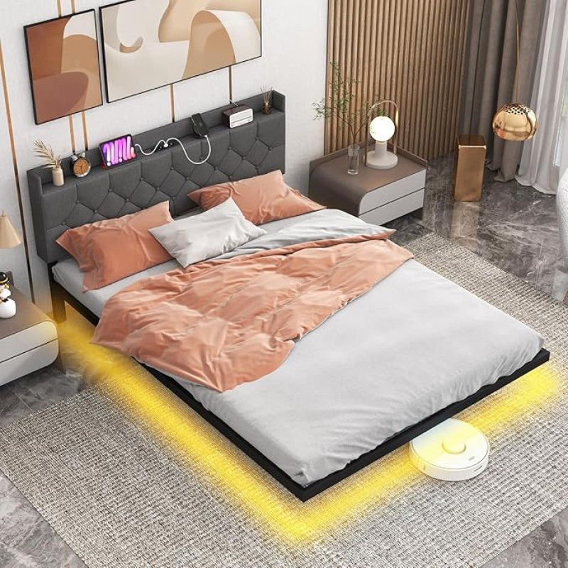 COSTWAY Bed 160 x 200 cm Floating Design with LED Lighting, Double Bed Frame with Slatted Base and Padded Headboard, Adjustable Power Strip, 2 Sockets, 2 USB Ports, App Control
