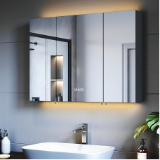 SUNXURY Mirror Cabinet 900 x 650 mm with Lighting, LED Bathroom Mirror Cabinet, 3 Colour Temperatures, Dimmable, Anti-Fog, Socket and Touch, Black Smart Mirror Cabinet