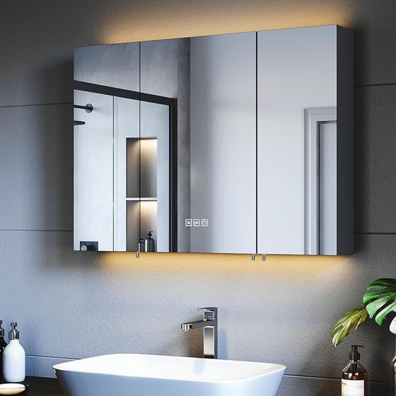 SUNXURY Mirror Cabinet 900 x 650 mm with Lighting, LED Bathroom Mirror Cabinet, 3 Colour Temperatures, Dimmable, Anti-Fog, Socket and Touch, Black Smart Mirror Cabinet
