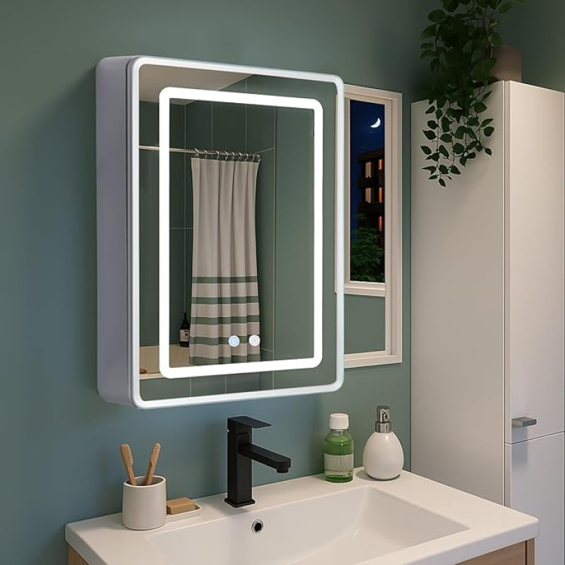 HOMELODY LED Bathroom Mirror Cabinet with Lighting, 70 x 50 x 14 cm, Full Aluminium, Double-Sided LED Mirror, Touch Dimmer & 3 Dimmable Light Colours, Anti-Fog, Bathroom Mirror Cabinet with Glass