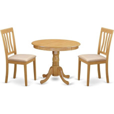 East West Furniture ANTI3-OAK-C 3-Piece Kitchen Table and Chairs Set Includes Round Dining Table with Base and 2 Linen Fabric Dining Chairs, 36 x 36 Inch, Oak