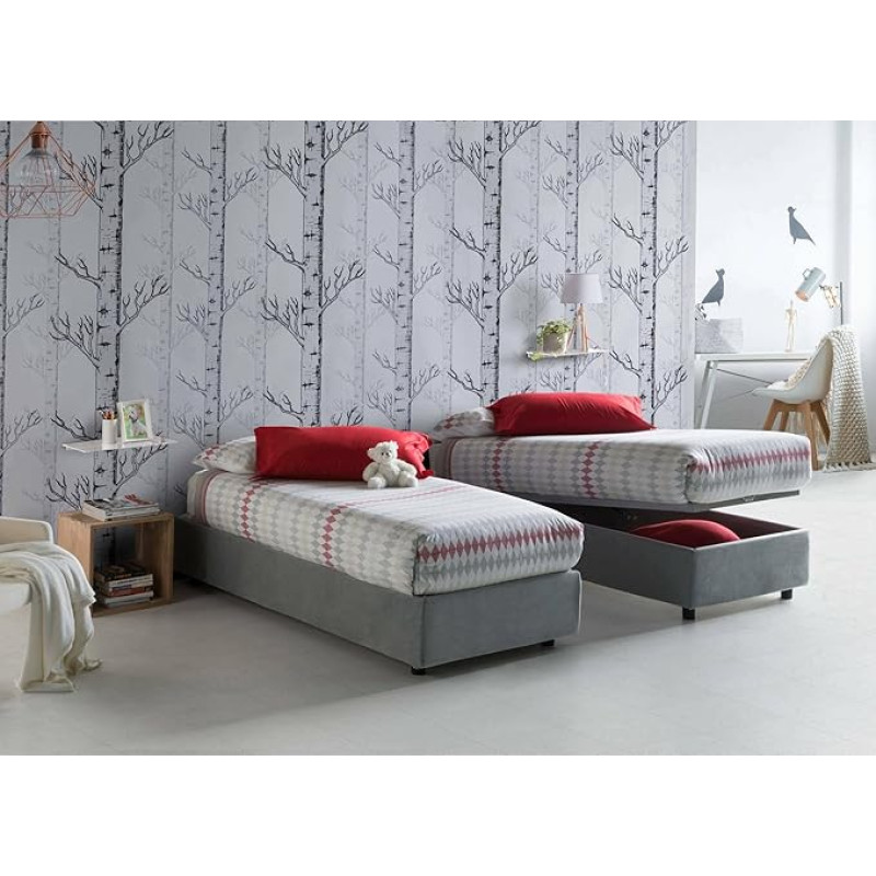 Talamo Italia - Valentina Single Bed with Fabric Cover, 100% Made in Italy, Front Opening + Mattress 90 x 200 cm, Grey