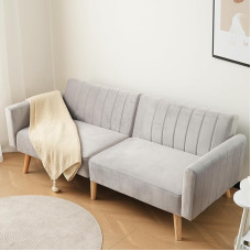 Merax 2-Seater Sofa, Small Sofa Couch with Adjustable Backrest, Mini Sofa Padded Couch Loveseat, Folding Sofa Bed with Lying Surface (160 x 85 cm), for Living Room, Home, Office, Light Grey/Velvet