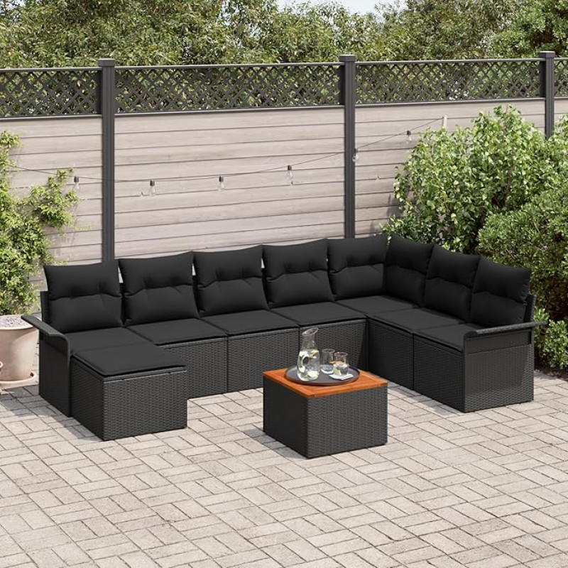 Rantry 9-teilige Garten Sofa Set mit Kissen Schwarz Poly Rattan Akazie Gartenlounge Model3347366