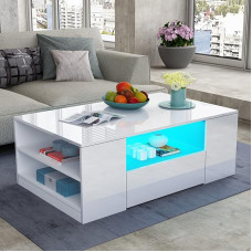 Senvoziii LED Coffee Table Living Room Table with Shelf High Gloss Modern Side Table Coffee Table with 2 Drawers 95 x 55 x 37 cm (White)