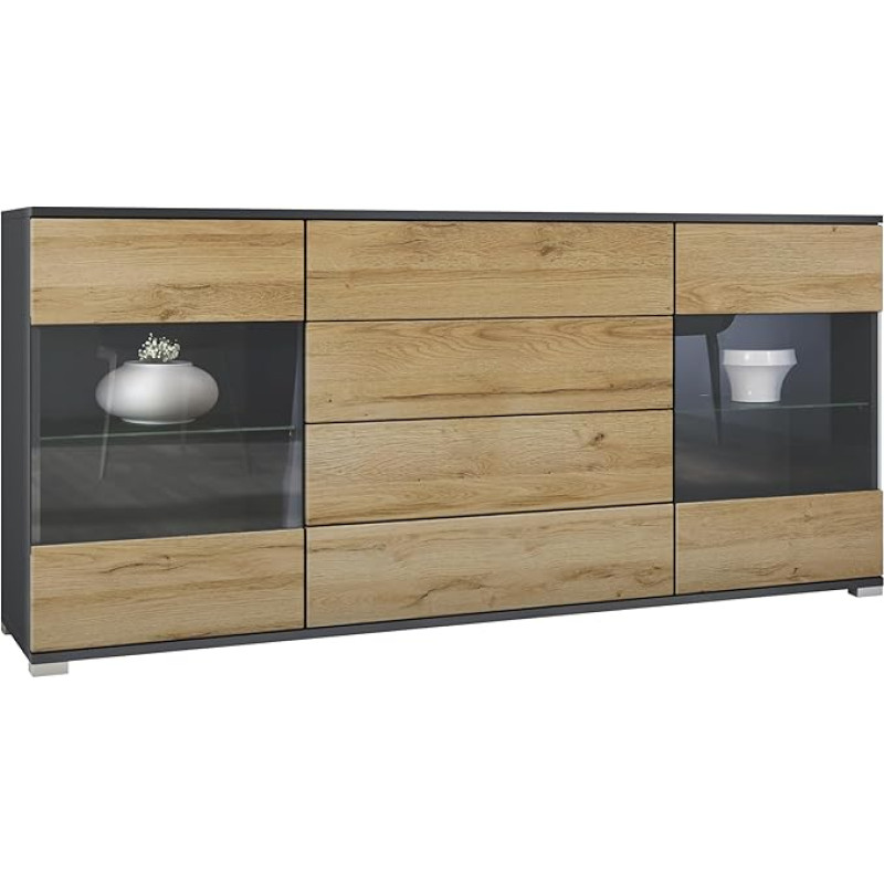Bari V2 Sideboard, Chest of Drawers with 2 Large Doors and 4 Drawers, Anthracite Matt/Natural Oak (166.5 x 75.5 x 35 cm)