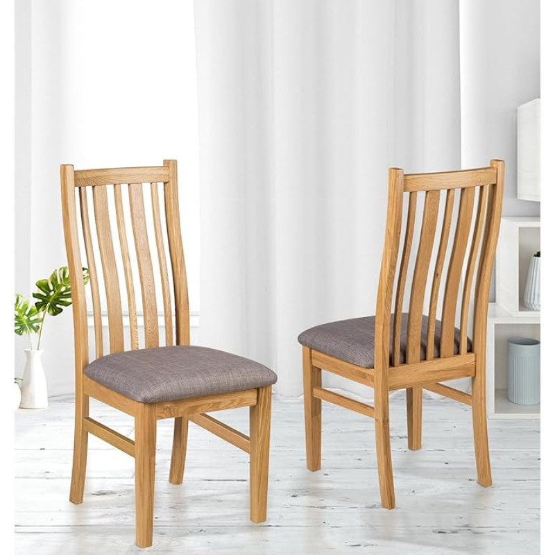 Pair of Solid Oak Dining Chairs in Light Oak Finish with Steel Grey Fabric Seat Pad | Linen Wooden Seat