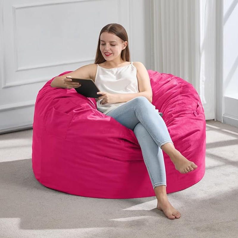 Bean Bag Chair for Adults, Giant Bean Bags with Velvet Cover, Memory Foam, Fluffy Bean Bag for Living Room, Bedroom, 3 ft, Pink