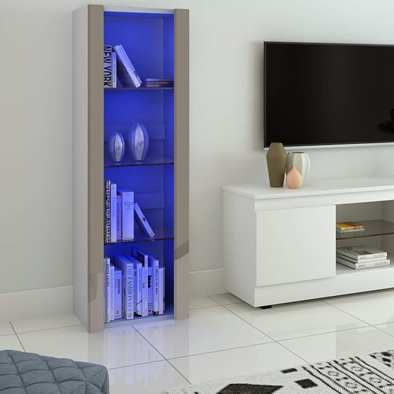 Panana Glass Display Cabinet with RGB LED Lighting, 3 Glass Shelves for Living Room, Bedroom, 55 x 35 x 166 cm (White + Grey)