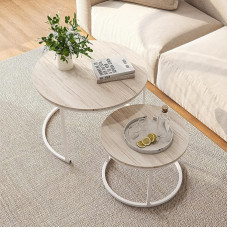 HOJINLINERO Round Coffee Table for Living Room, Oak Coffee Table, Set of 2, Metal Frame/Wood Sofa Table, Sturdy and Easy to Assemble, Modern Stackable Side Table for Bedroom, Office
