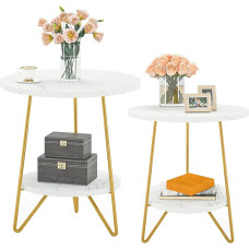Tribesigns Artificial Marble Side Table, 2 Tiers, Round Side Table with Shelves, Modern Gold Bedside Table, Small Coffee Table for Living Room, Bedroom (2PC)