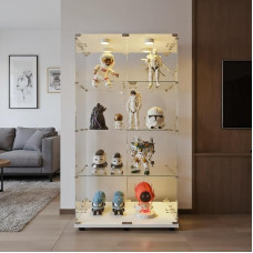 YNYHTER Glass Display Cabinet LED 164 x 80 x 36.5 cm Glass Display Cabinet 4 Shelves Clear Large Mirrored Collection Display Case (2 Doors, 4 Layers, Mirror + Lights, White)