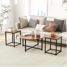 COSTWAY Set of 3 Coffee Tables, Side Table Metal Frame, 1 Round Coffee Table & 2 Square Tables, Sofa Table, Living Room Table, Coffee Table, Modern, Nesting Table for Living Room, Bedroom (Brown)