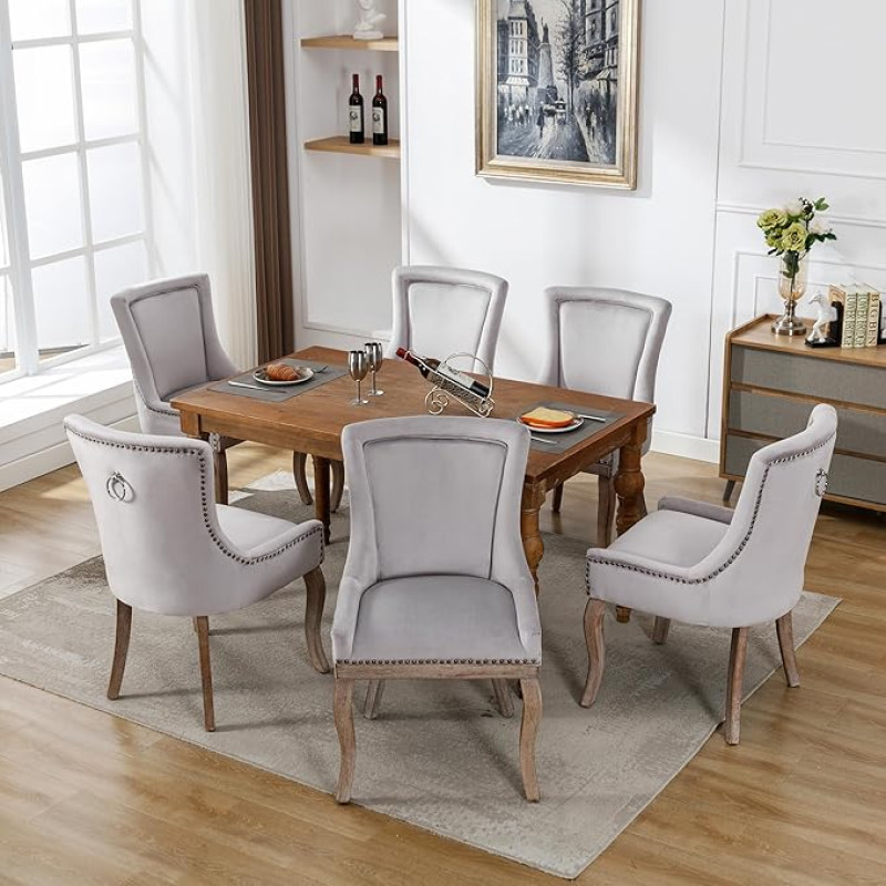 DRIXNO Luxury Dining Chair (Kitchen Chair, Living Room Chair, 6 Pieces) Upholstered Chair with Nail Head Trim, Solid Wood Legs, Velvet Cover, Grey